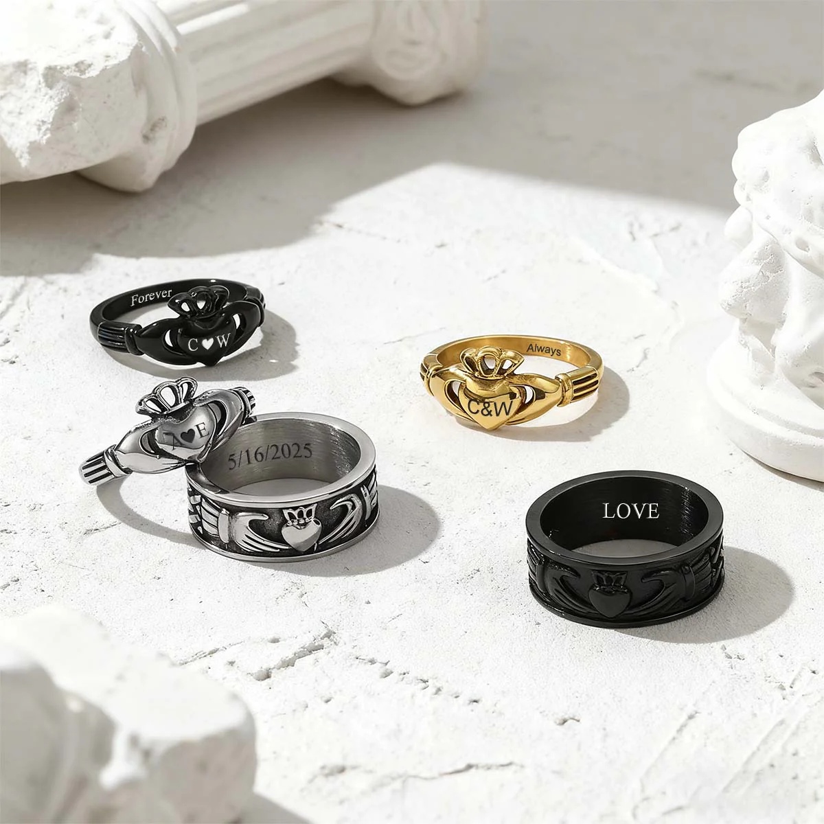 Bagues de Promesse Claddagh pour Couple Argenté Or Noir