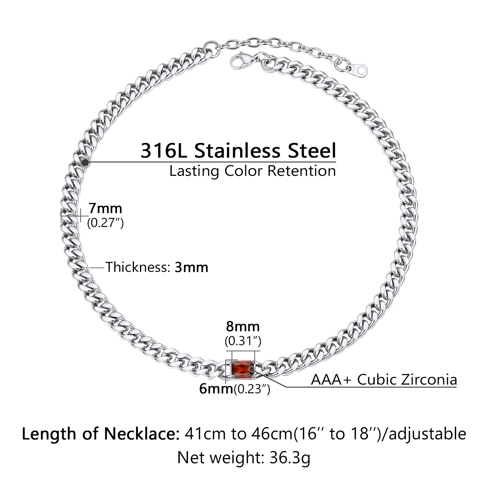Collier Ras-de-Cou Chaîne Cuban 7MM avec Pierre de Naissance Taille