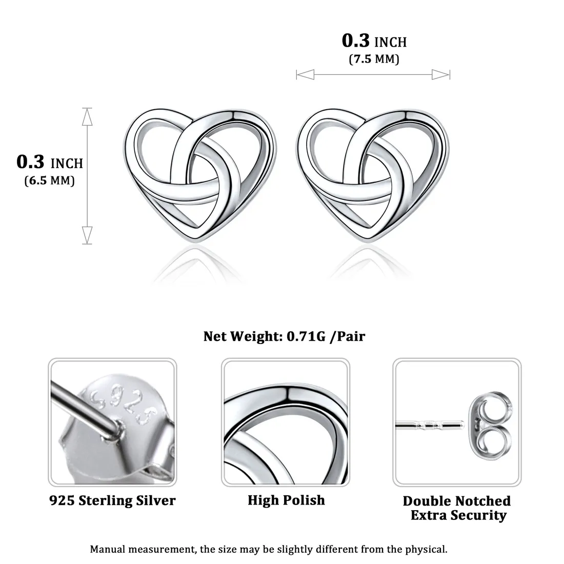 Boucles d’Oreilles Clous Cœur Nœud Celtique en Argent Sterling 925 Taille