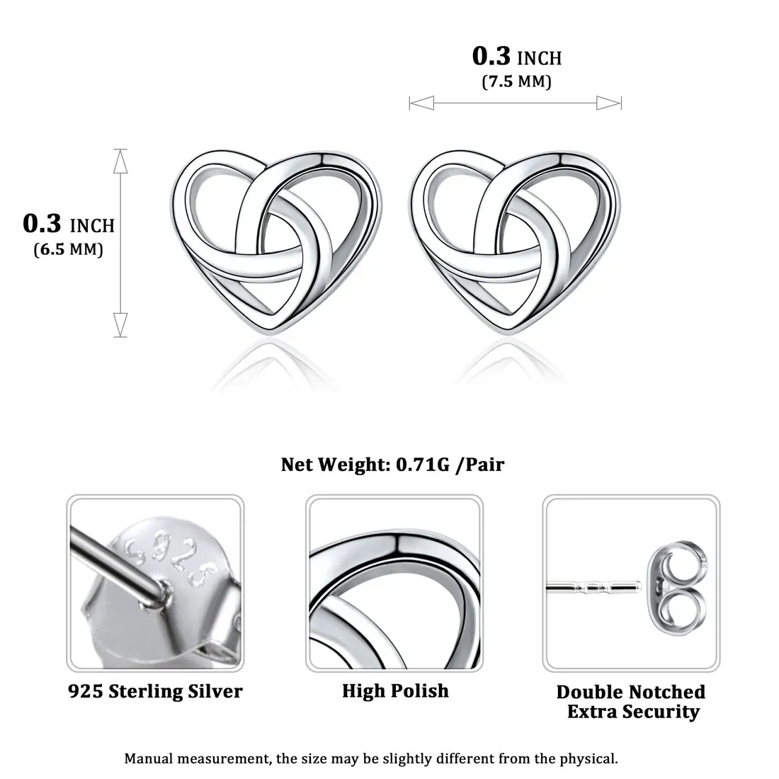 Boucles d’Oreilles Clous Cœur Nœud Celtique en Argent Sterling 925 Taille