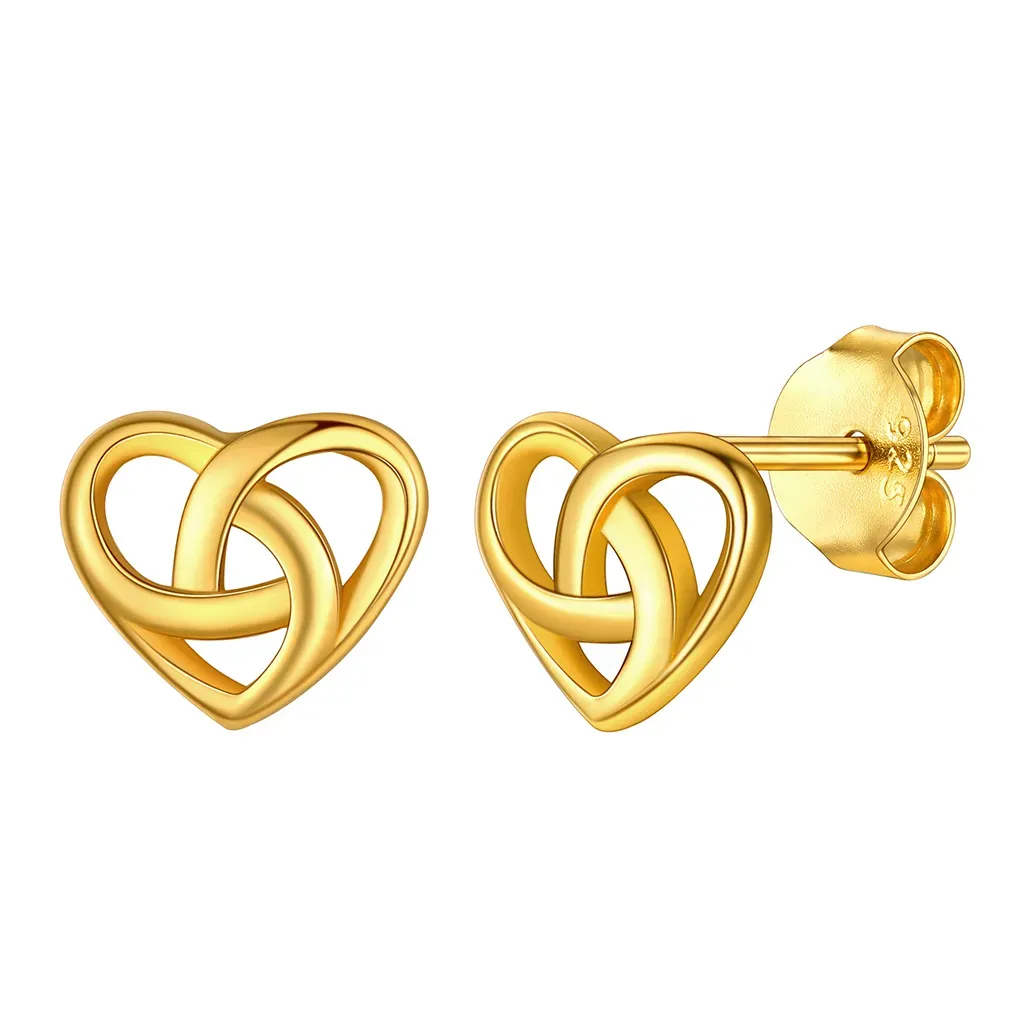Boucles d’Oreilles Clous Cœur Nœud Celtique en Argent Sterling 925 Or