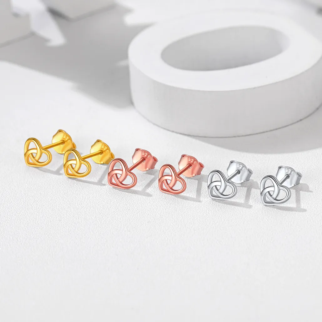 Boucles d’Oreilles Clous Cœur Nœud Celtique en Argent Sterling 925 3 couleurs