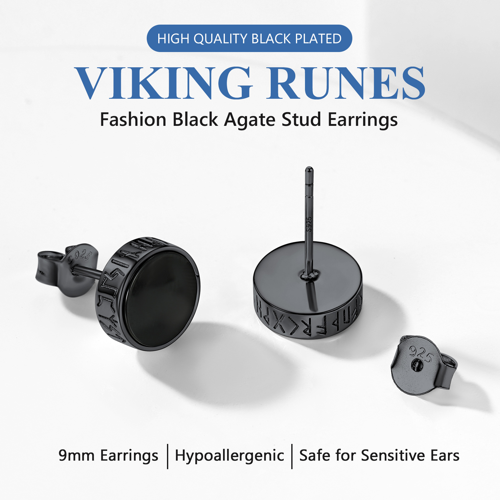 Boucles d’Oreilles Homme Argent 925 Onyx Noir Style Viking