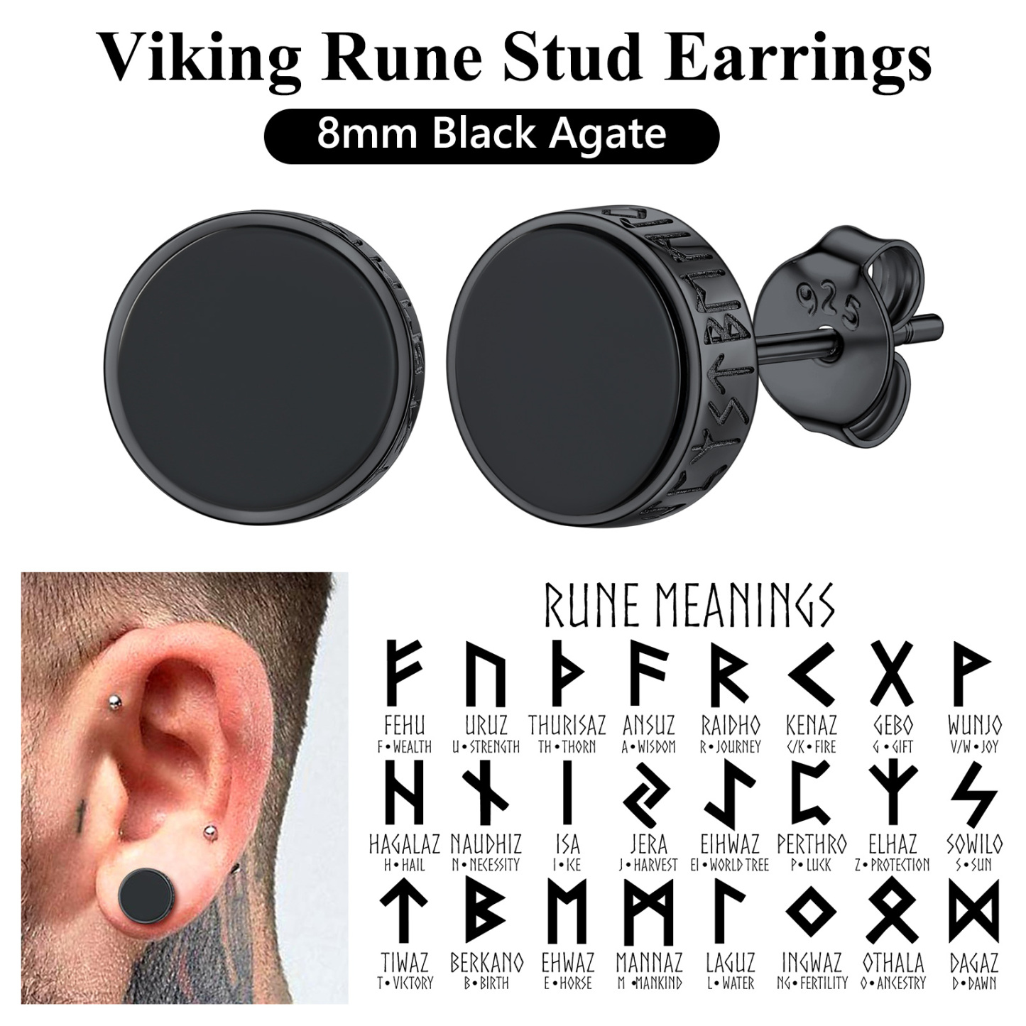 Boucles d’Oreilles Homme Argent 925 Onyx Noir Style Viking sens
