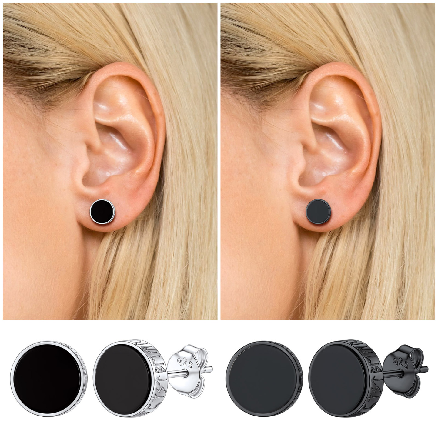 Boucles d’Oreilles Homme Argent 925 Onyx Noir Style Viking 2 Couleurs