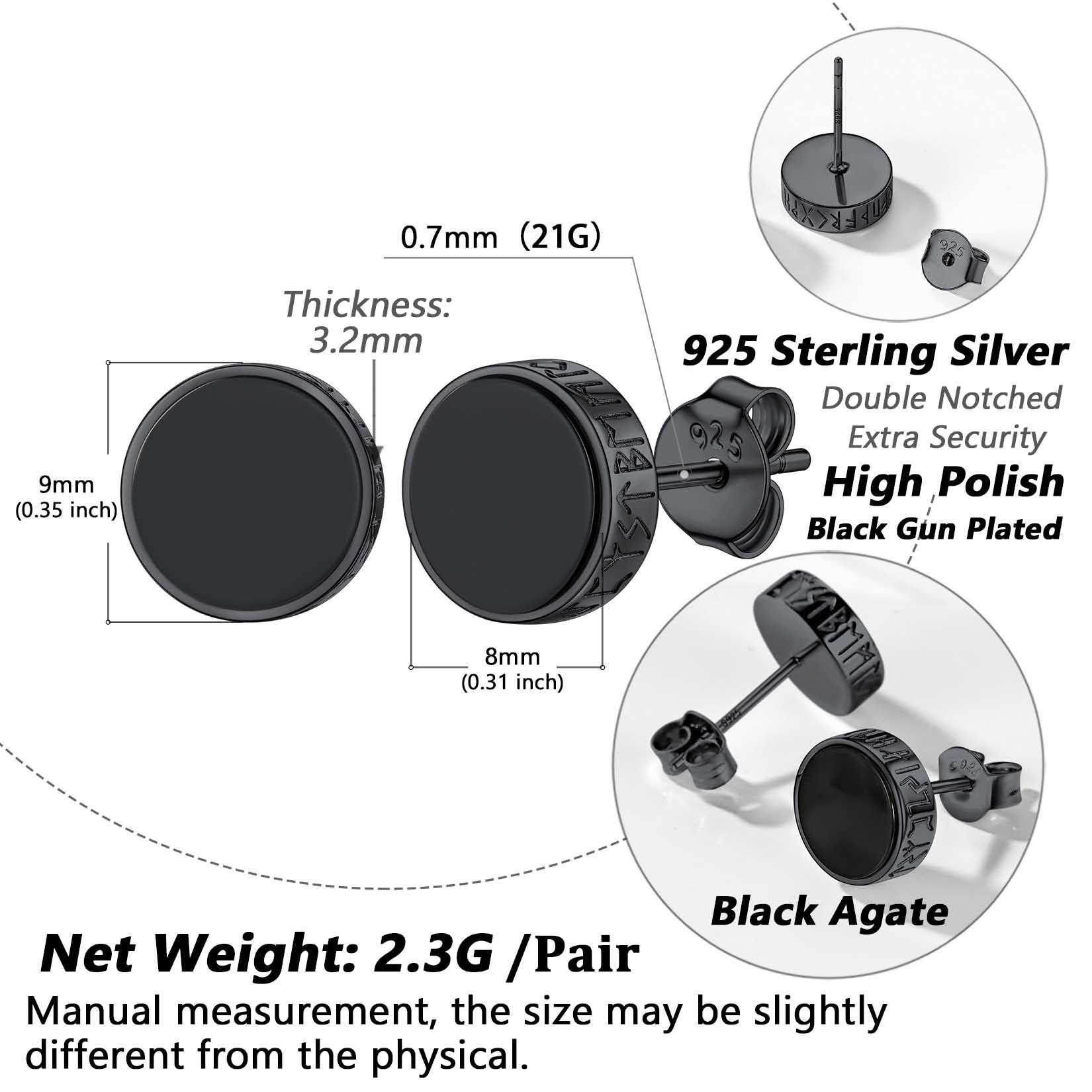 Boucles d’Oreilles Homme Argent 925 Onyx Noir Style Viking Taille