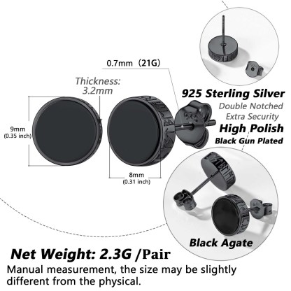 Boucles d’Oreilles Homme Argent 925 Onyx Noir Style Viking Taille