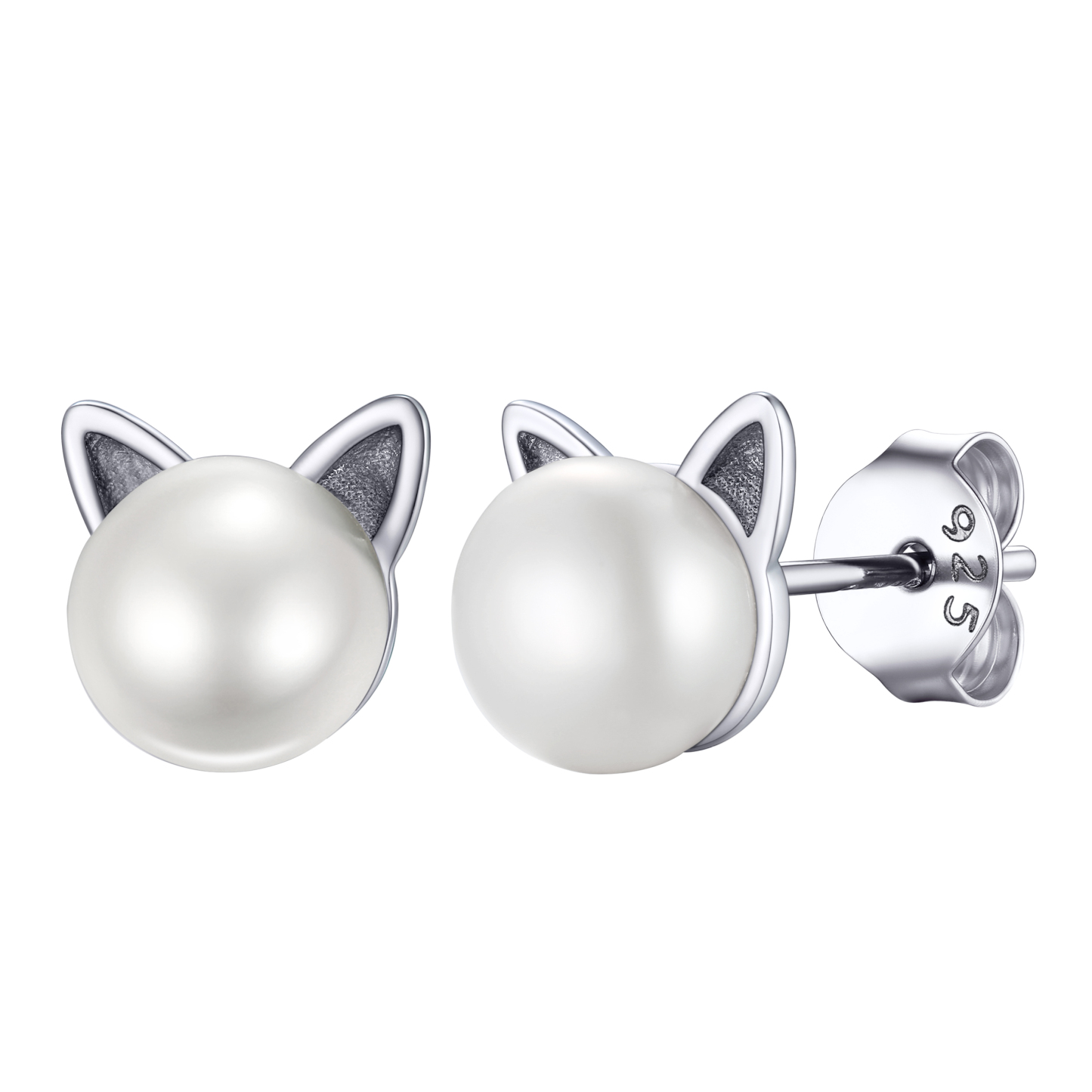Boucles d'Oreilles Clou Chat Mignon en Argent Sterling avec Perle Natu