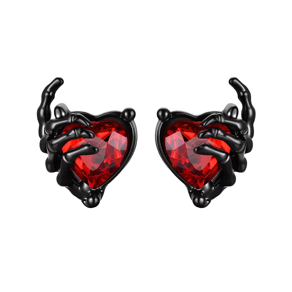 Boucles d'Oreilles Gothique Rétro Crâne avec Cœur en Rubis