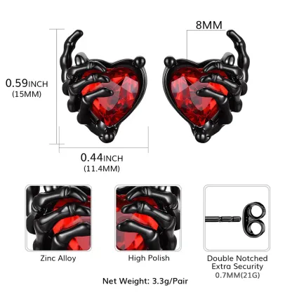  Boucles d'Oreilles Gothique Rétro Crâne avec Cœur en Rubis taille