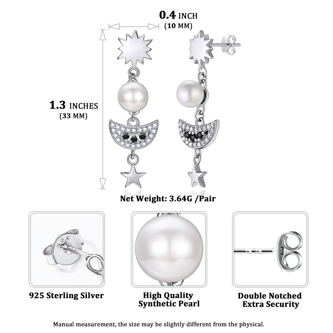 Boucles d’Oreilles Pendantes | Soleil Lune Étoile avec perle