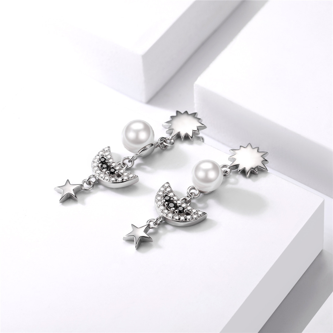 Boucles d’Oreilles Pendantes | Soleil Lune Étoile avec perle