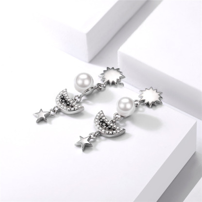 Boucles d’Oreilles Pendantes | Soleil Lune Étoile avec perle