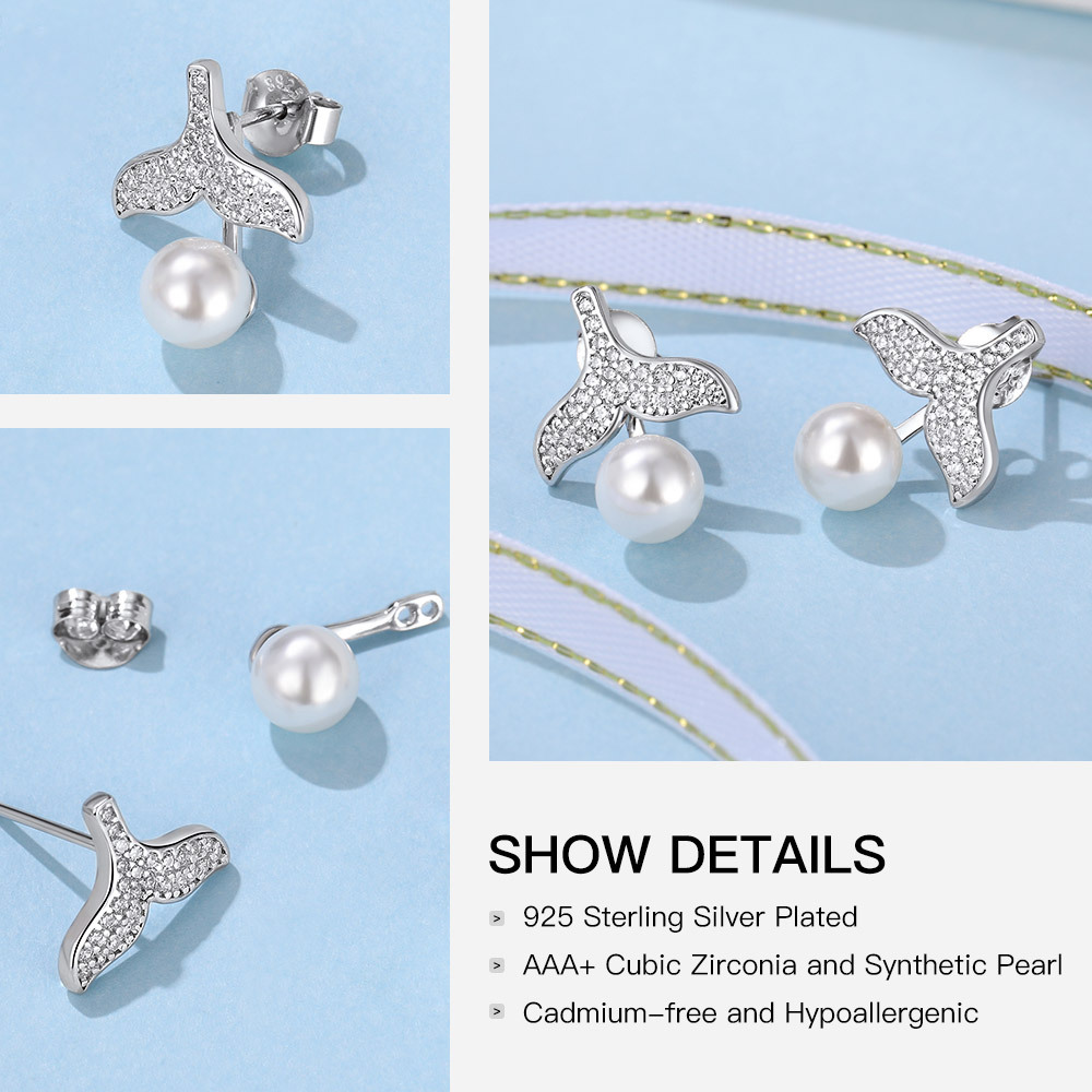 Boucles d'Oreilles en Queue de Baleine avec Perle et Strass