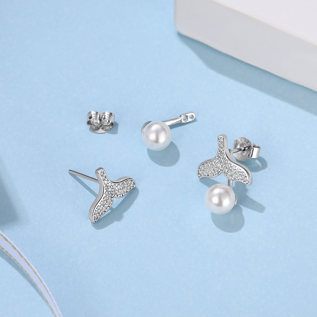 Boucles d'Oreilles en Queue de Baleine avec Perle et Strass