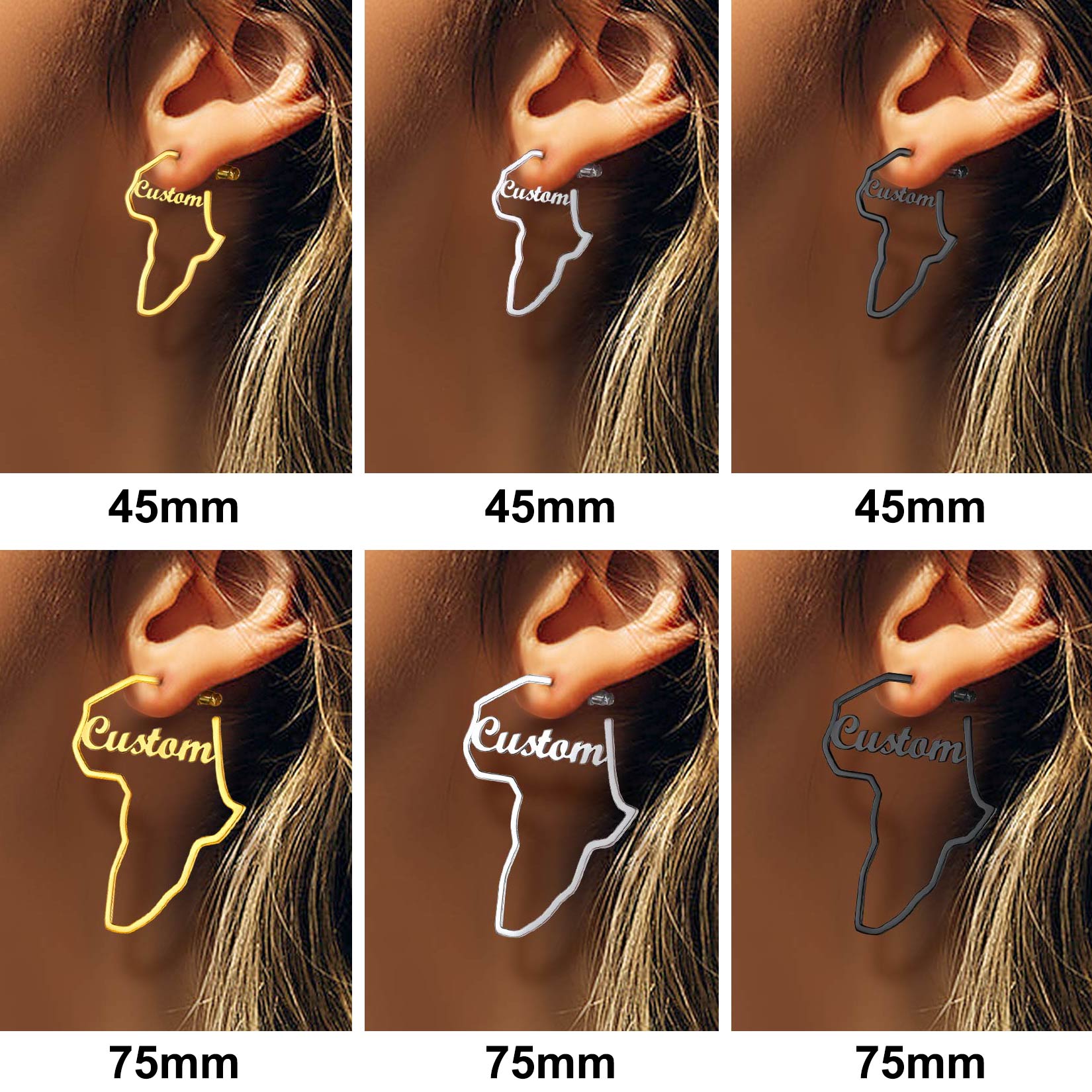 Boucles d’Oreilles Carte d’Afrique Personnalisées avec Nom 2 Tailles