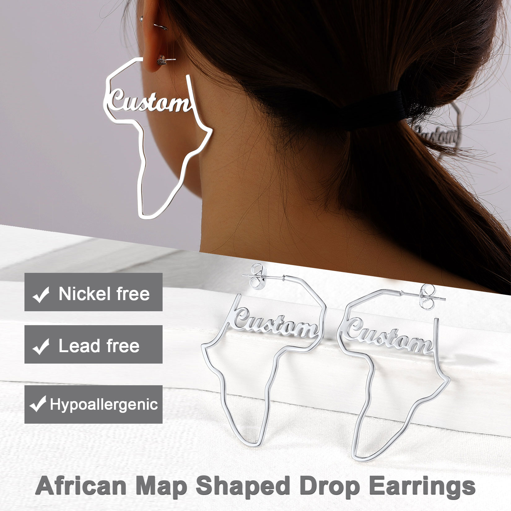 Boucles d’oreilles en acier inoxydable Carte d’Afrique Personnalisées avec Nom