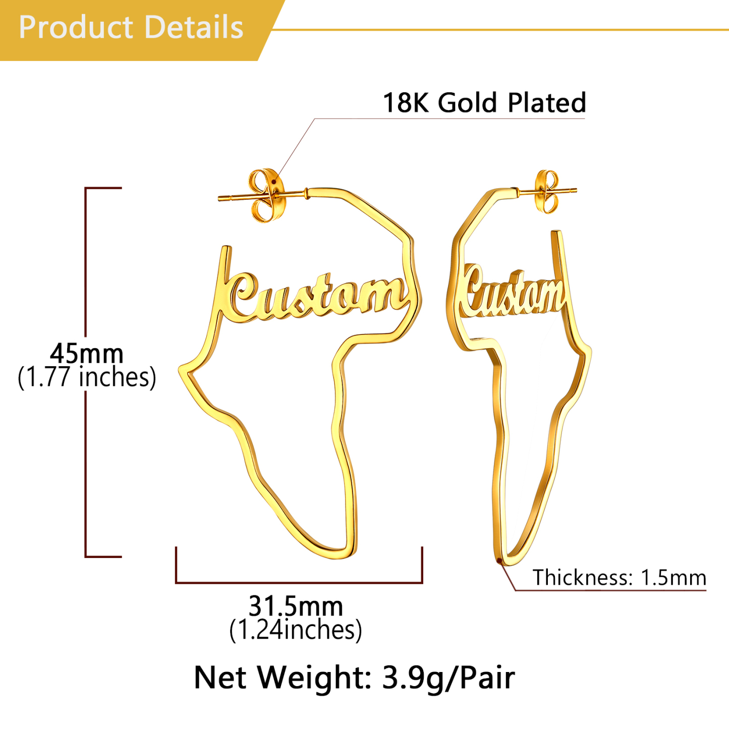 Boucles d’Oreilles Carte d’Afrique Personnalisées avec Nom Taille
