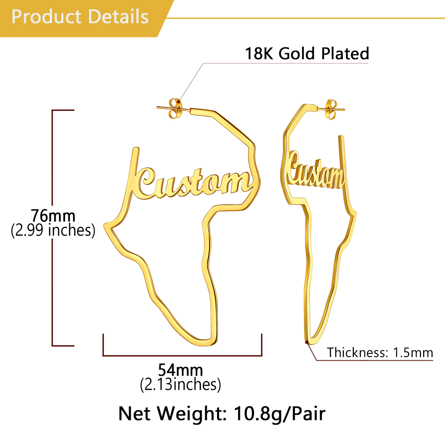 Boucles d’Oreilles Carte d’Afrique Personnalisées Taille
