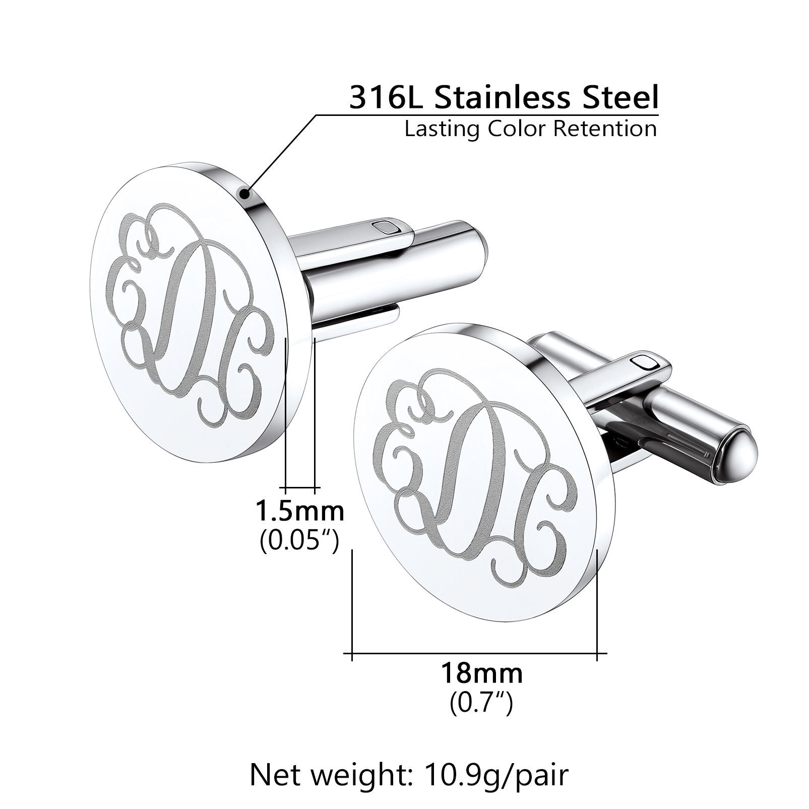 Boutons de Manchette Homme Gravés Initiales Taille