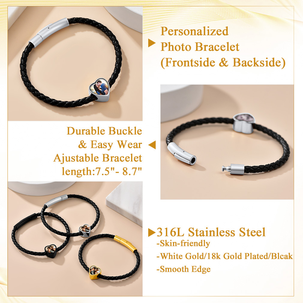 Bracelet Cœur avec Double Photo en Cuir Tressé Noir Detail