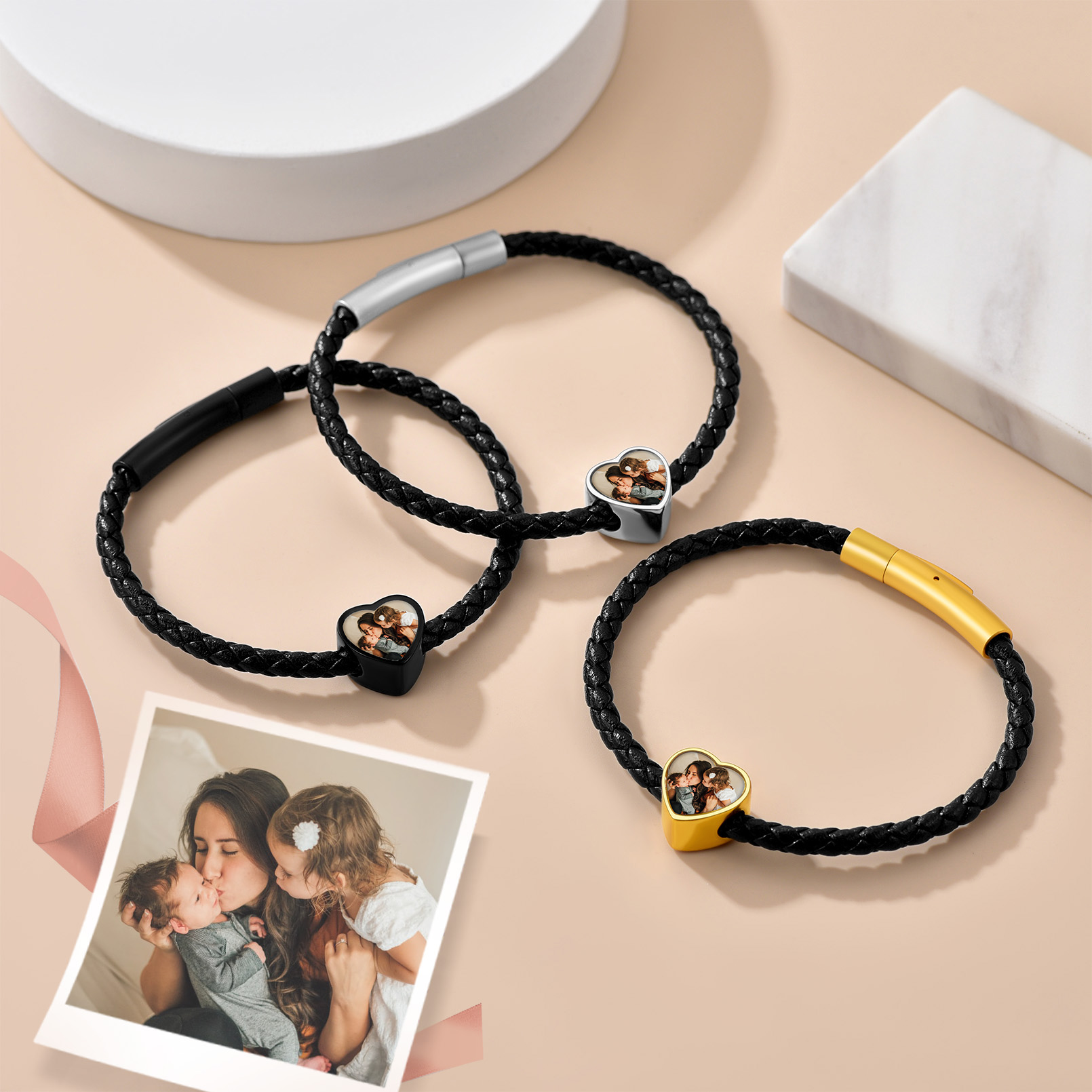 Bracelet Cœur avec Double Photo en Cuir Tressé