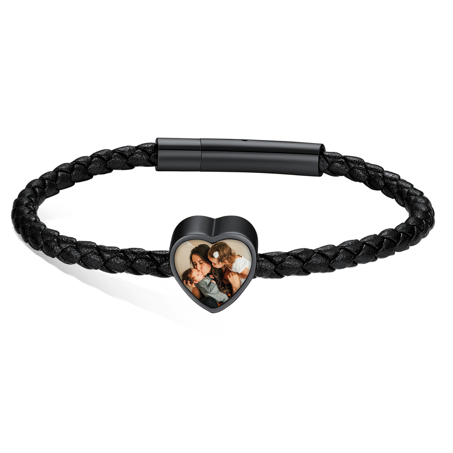 Bracelet Cœur Double Photo en Cuir Tressé Noir