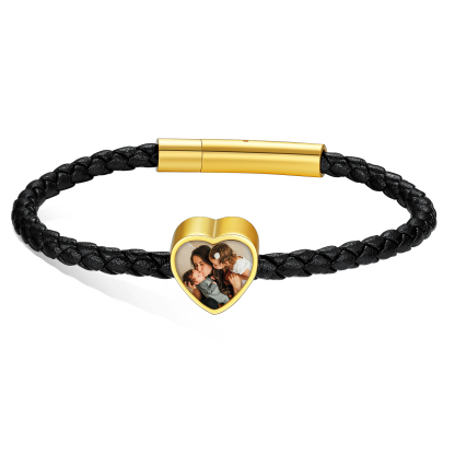 Bracelet Cœur avec Double Photo en Cuir Tressé Noir Or