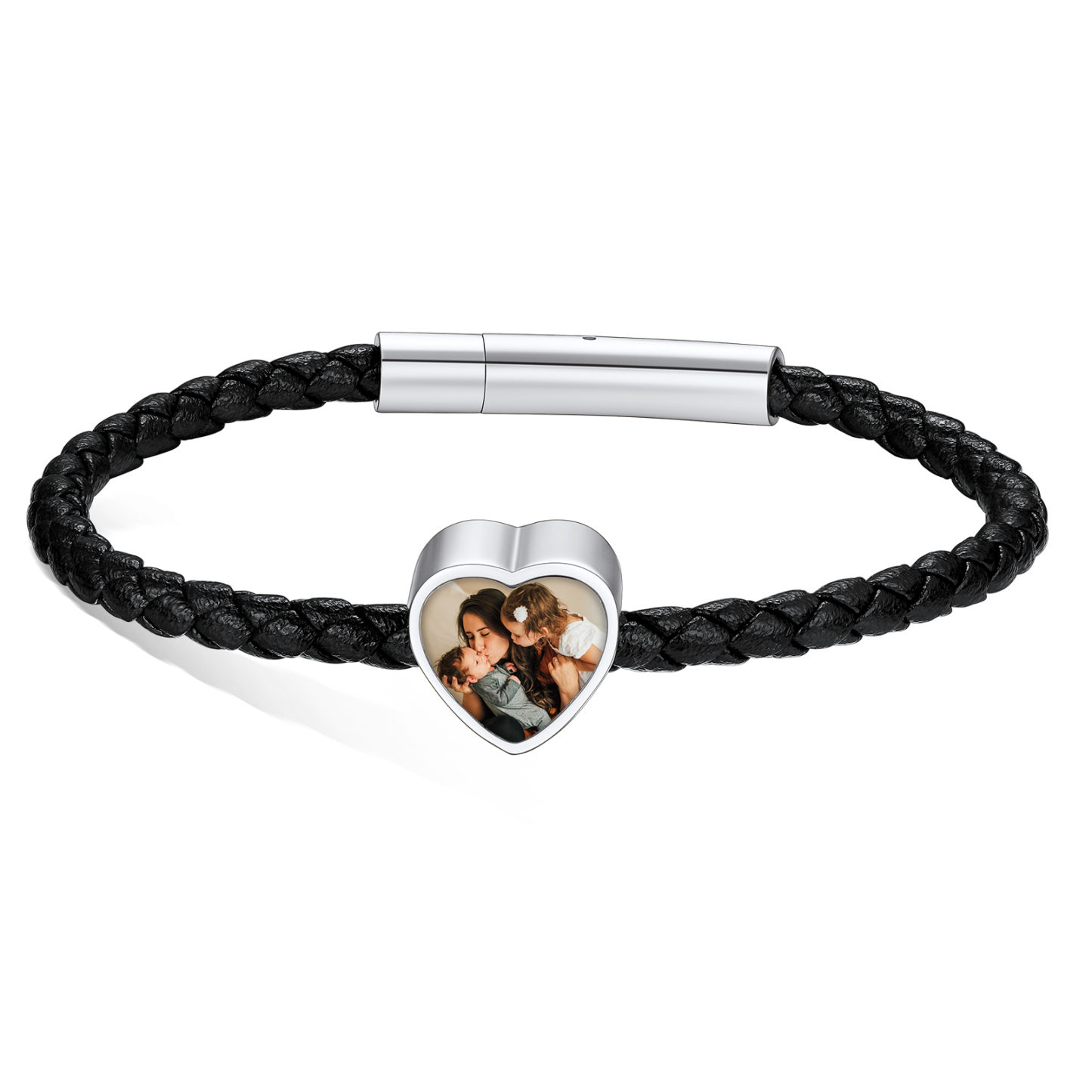Bracelet Cœur avec Double Photo en Cuir Tressé Noir