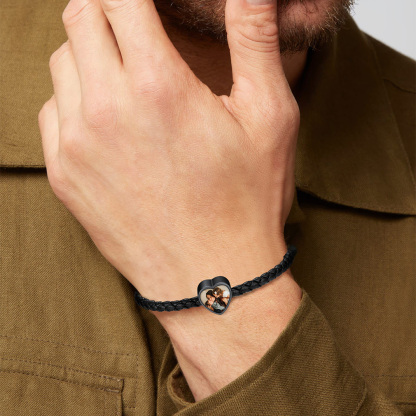 Bracelet Cœur avec Double Photo en Cuir Tressé Noir Modèle
