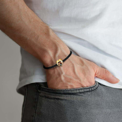 Bracelet Cœur avec Double Photo en Cuir Tressé Noir pour Homme