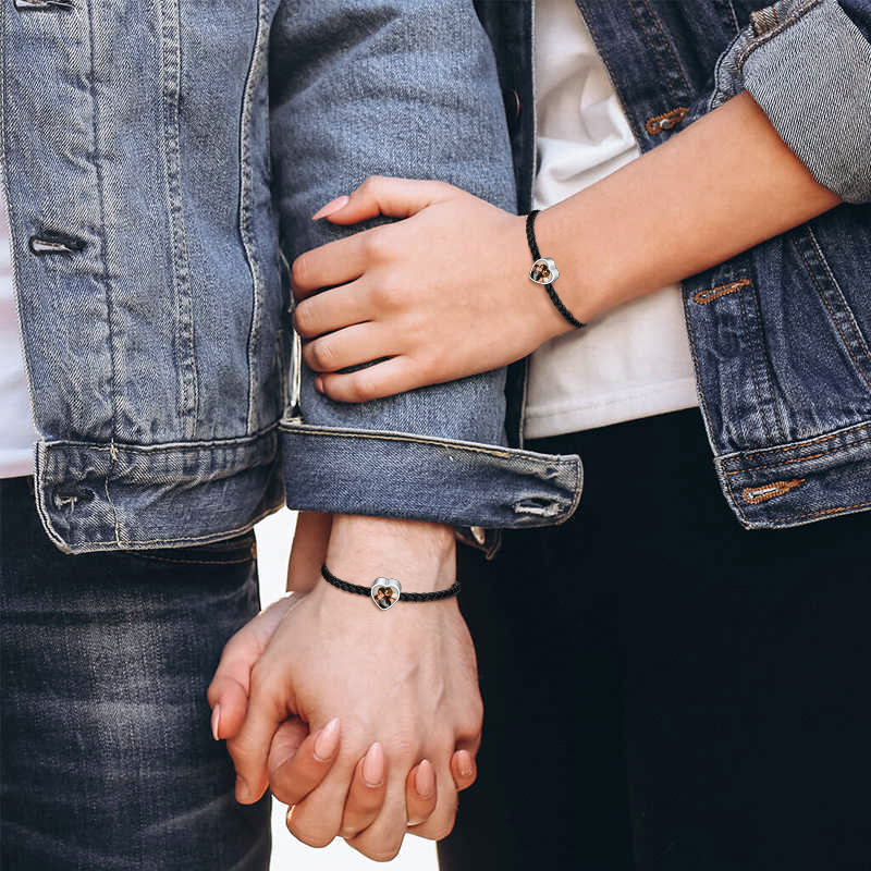 Bracelet Cœur avec Double Photo en Cuir Tressé Noir pour Couple