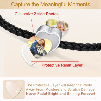 Bracelet Cœur avec Double Photo en Cuir Tressé Noir Protection