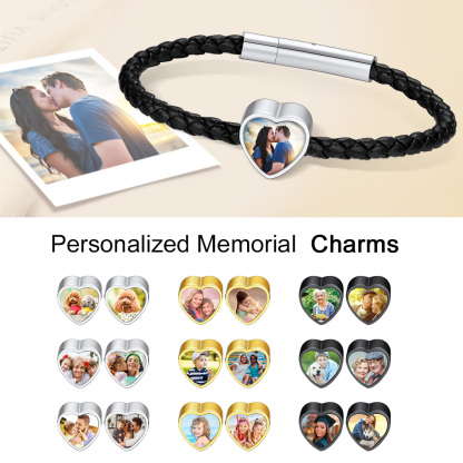 Bracelet Cœur avec Double Photo en Cuir Tressé Noir Cadeau pour Ami