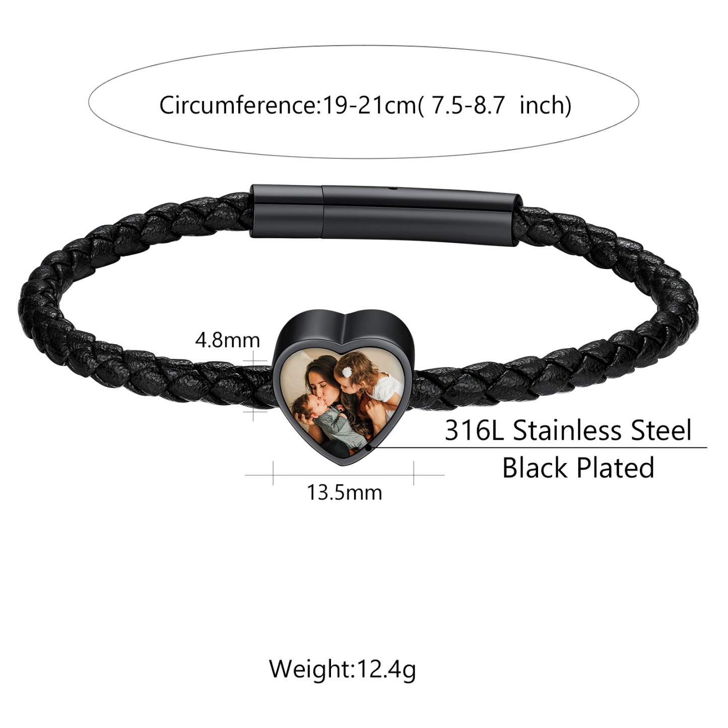 Bracelet Cœur avec Double Photo en Cuir Tressé Noir Taille