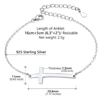 Bracelet Chaîne Croix Latérale en Argent Sterling pour Femme Taille