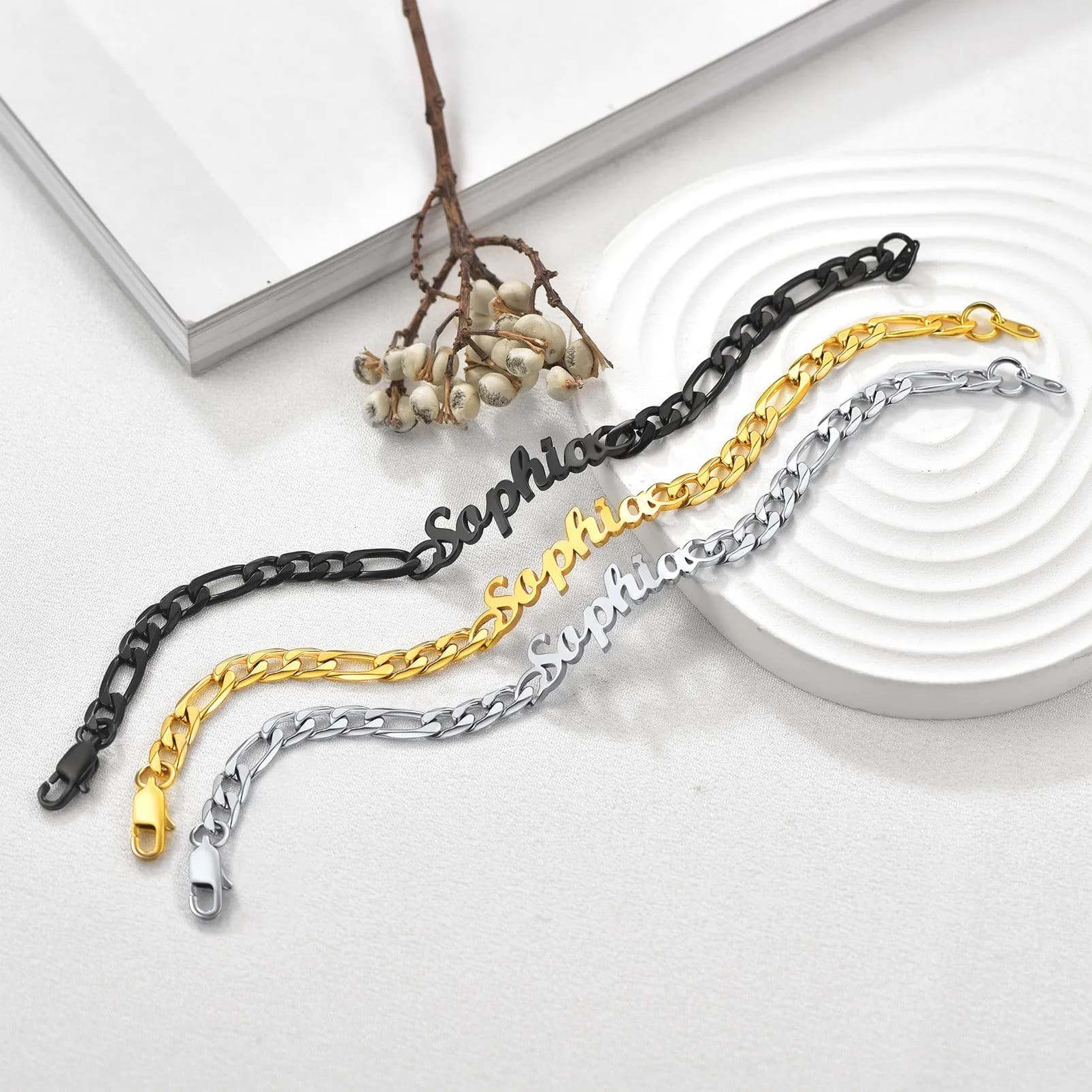 Bracelet Chaîne Figaro Personnalisé avec Prénom 3 couleurs