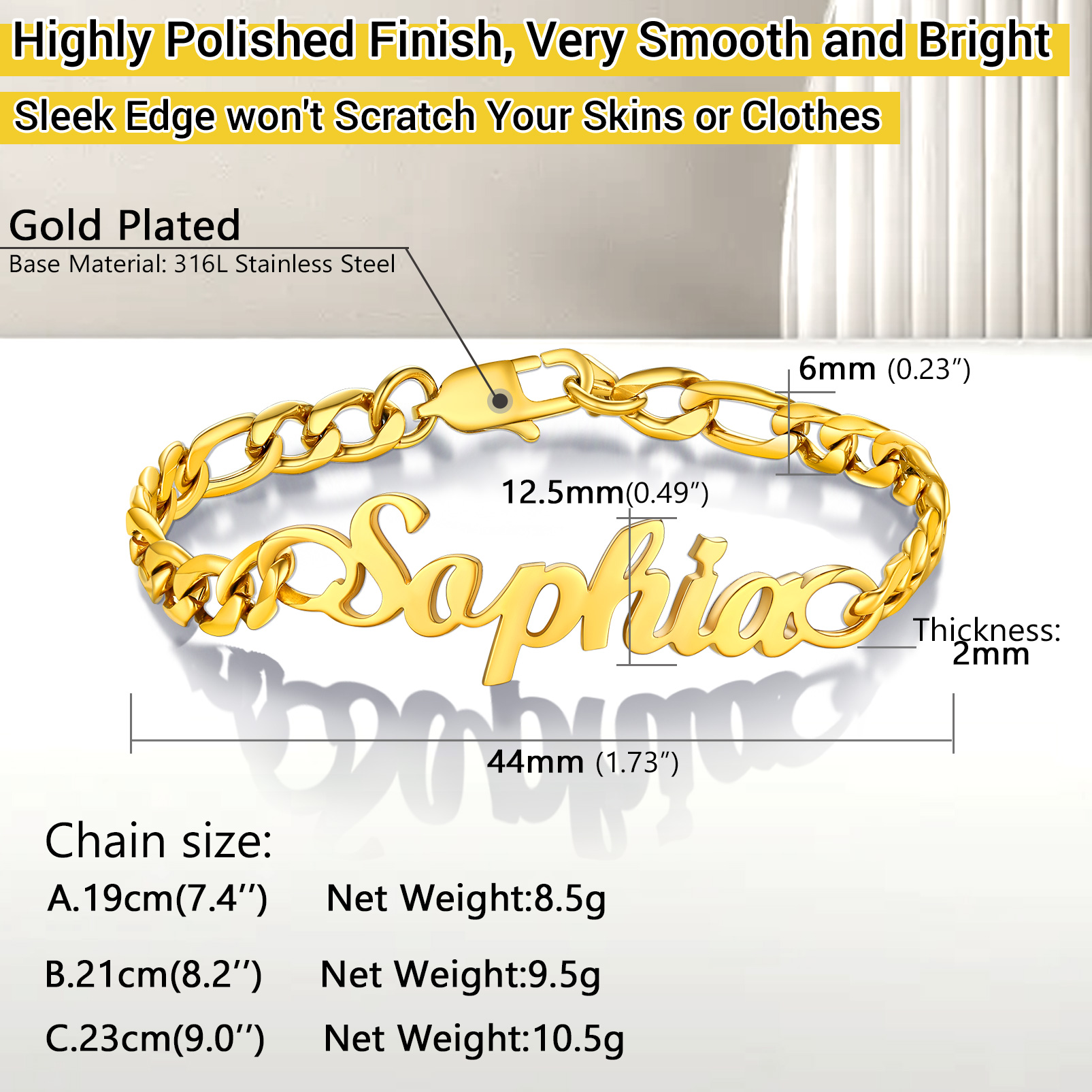 Bracelet Chaîne Figaro Personnalisé avec Prénom détail