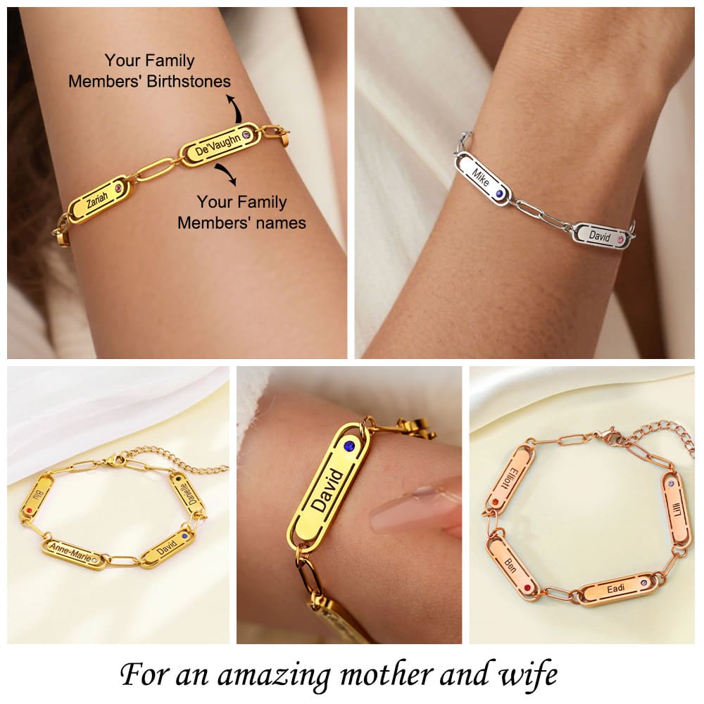 Bracelet Chaîne Personnalisé 1 à 4 Noms avec Pierres de Naissance pour elle