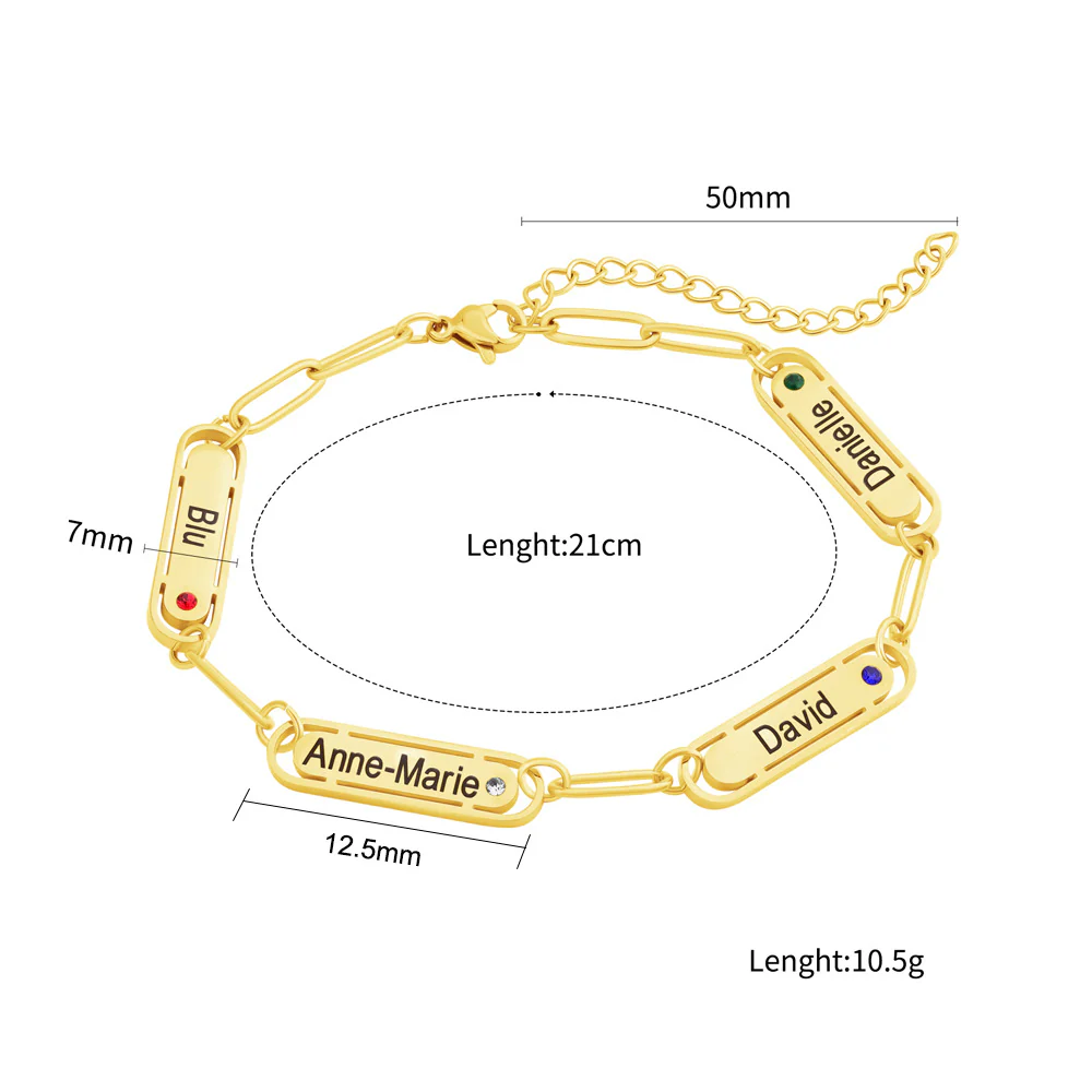 Bracelet Chaîne Personnalisé 1 à 4 Noms avec Pierres de Naissance taille
