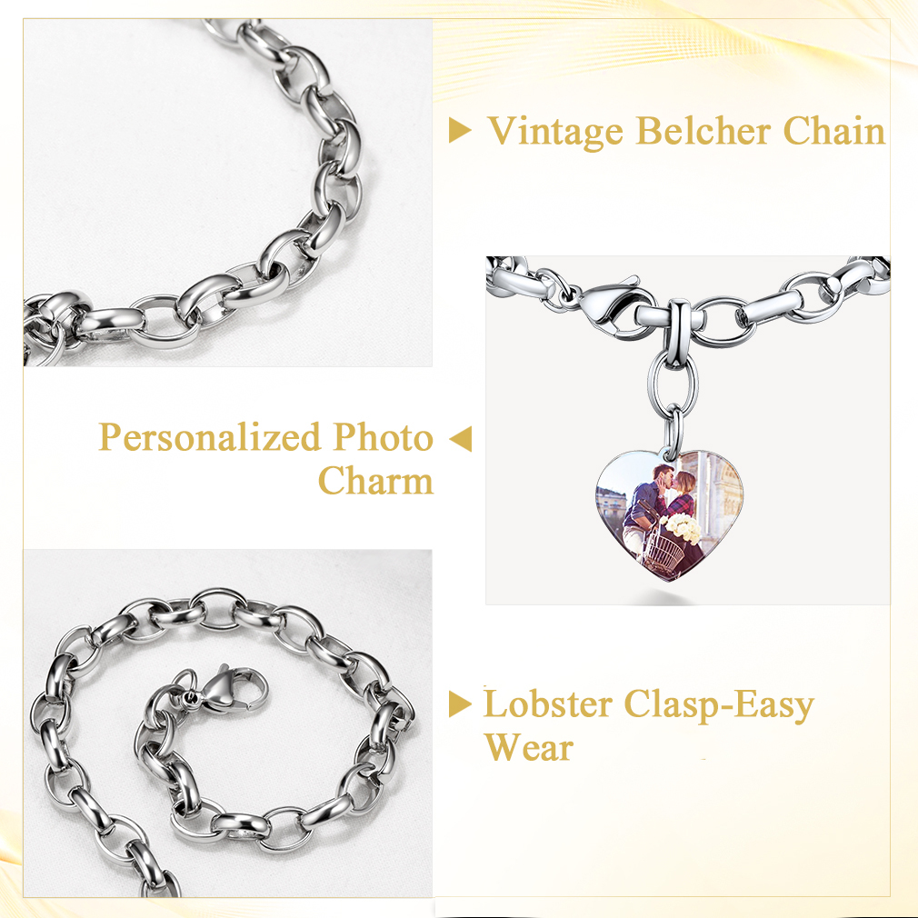 Bracelet Chaîne Personnalisé avec Charme Cœur Photo détail