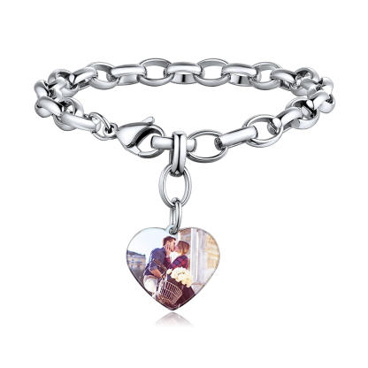 Bracelet Chaîne Personnalisé avec Charme Cœur Photo pour Femme