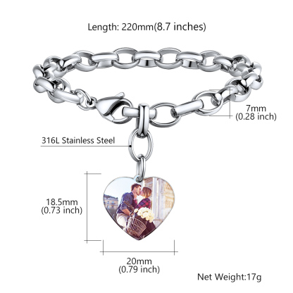 Bracelet Chaîne Personnalisé avec Charme Cœur Photo pour Femme taille