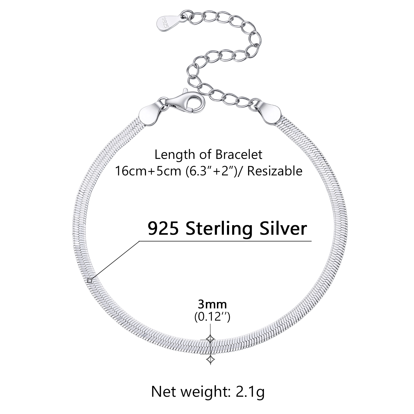 Bracelet Serpent Plat en Argent Sterling 925 pour Femme Taille