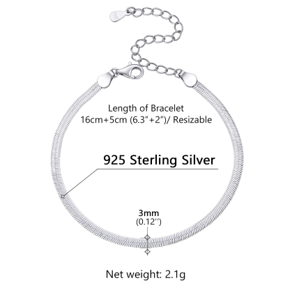 Bracelet Serpent Plat en Argent Sterling 925 pour Femme Taille