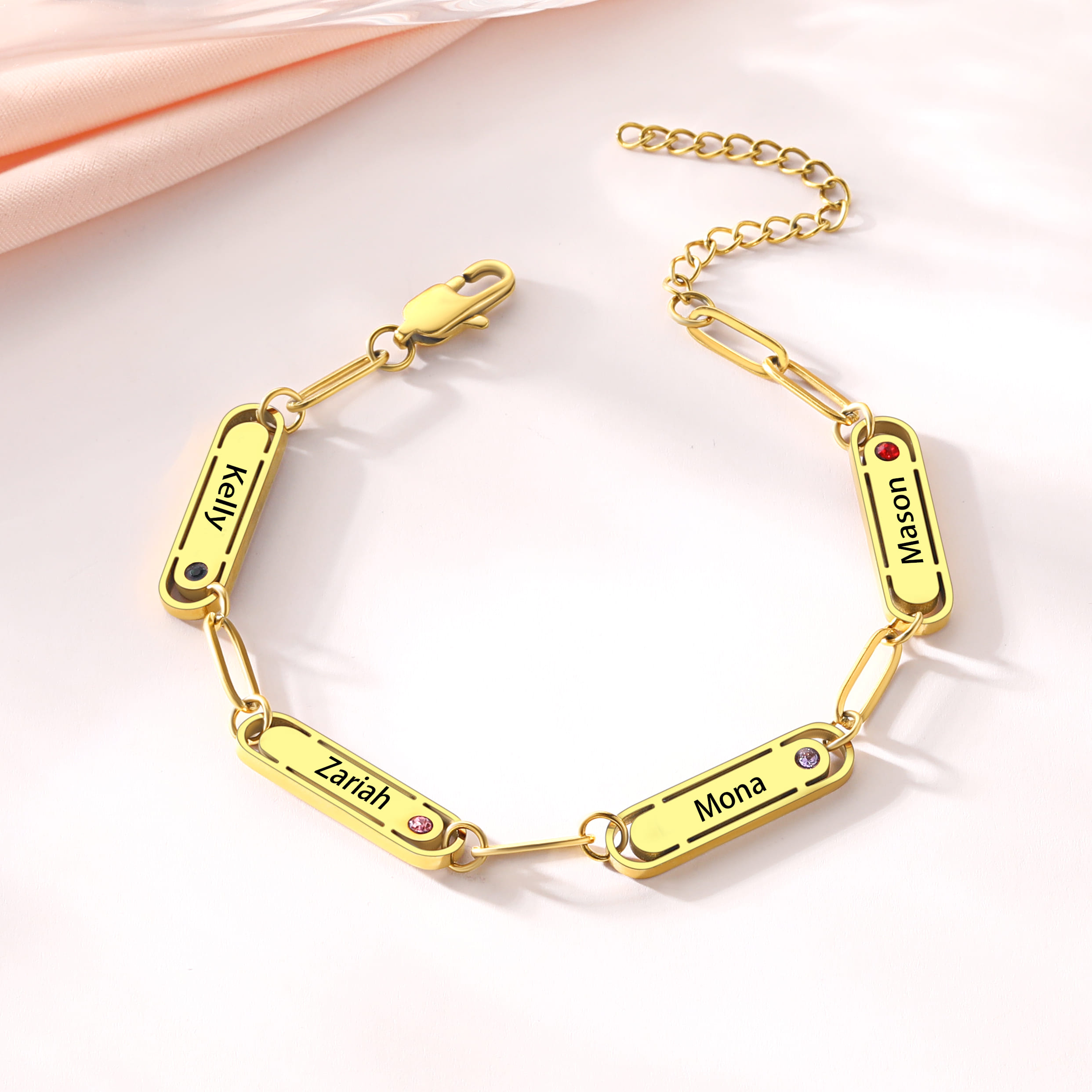 Bracelet Chaîne Personnalisé 1 à 4 Noms avec Pierres de Naissance