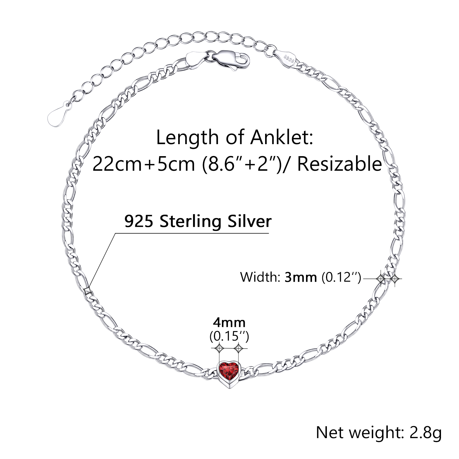 Bracelet Cheville avec Pierre de Naissance en Argent Sterling