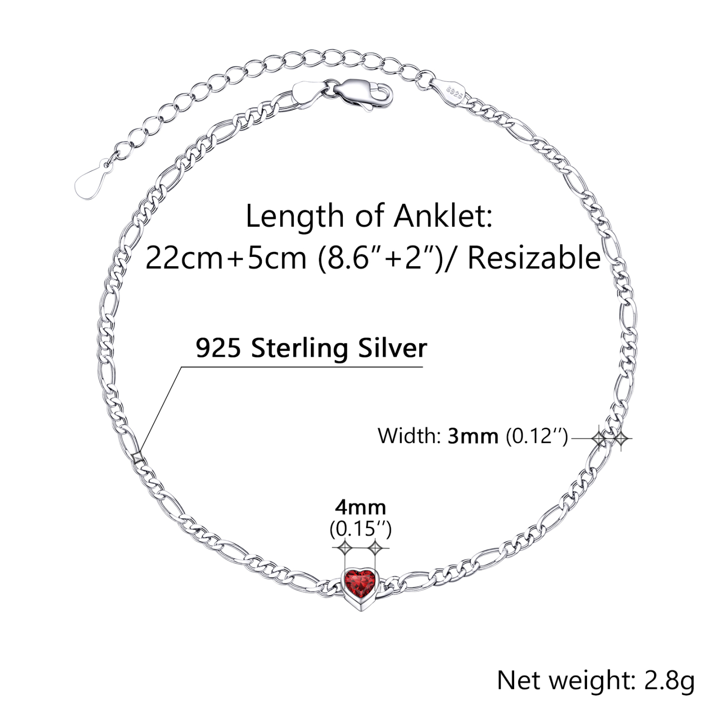 Bracelet Cheville avec Pierre de Naissance en Argent Sterling