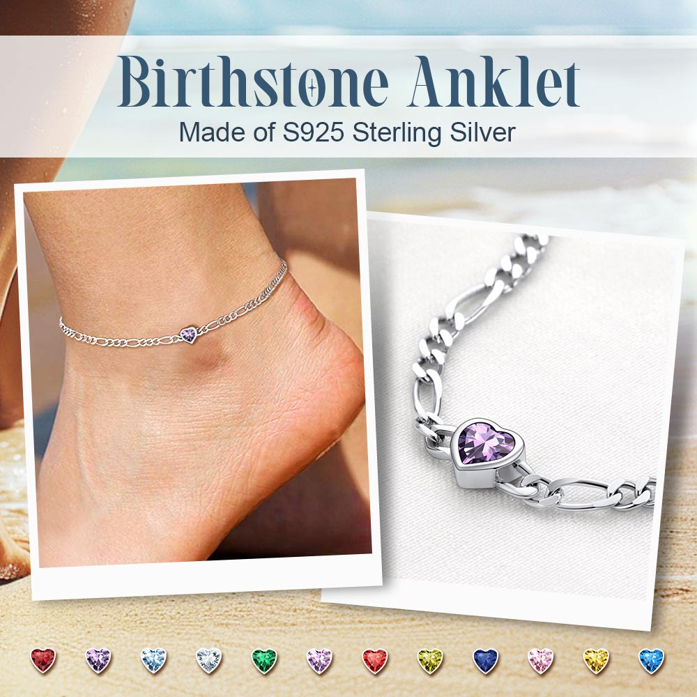 Bracelet Cheville Ajustable coeur avec Pierre de Naissance en Argent Sterling 