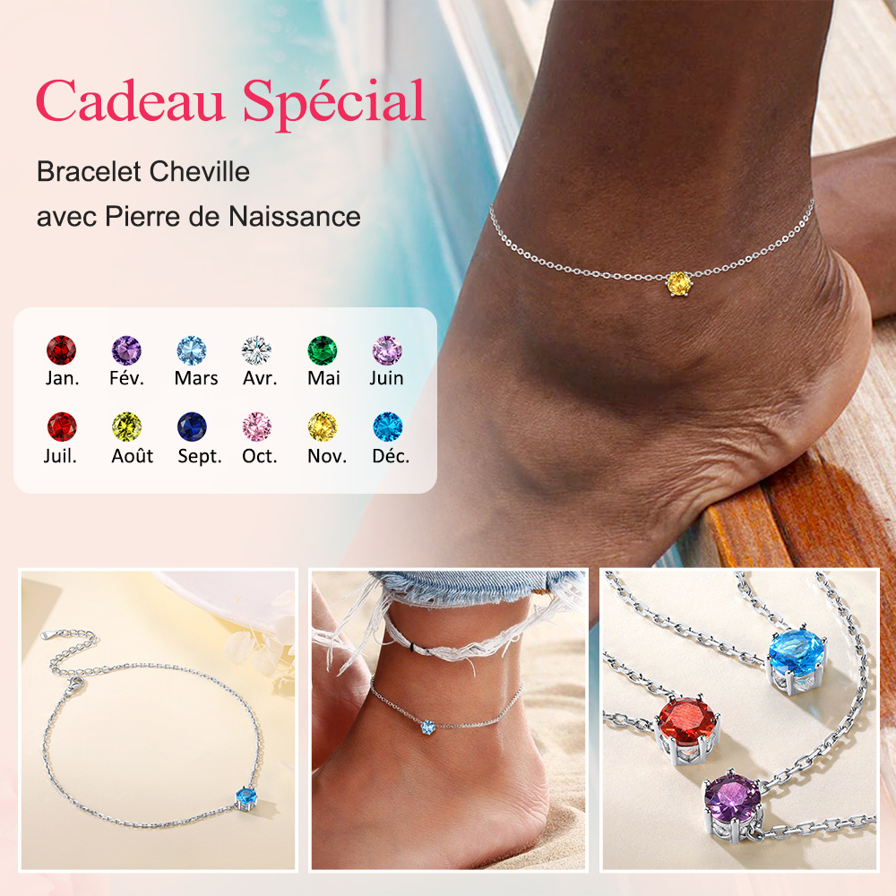 Bracelet Cheville en Argent Sterling avec Pierre de Naissance cadeau